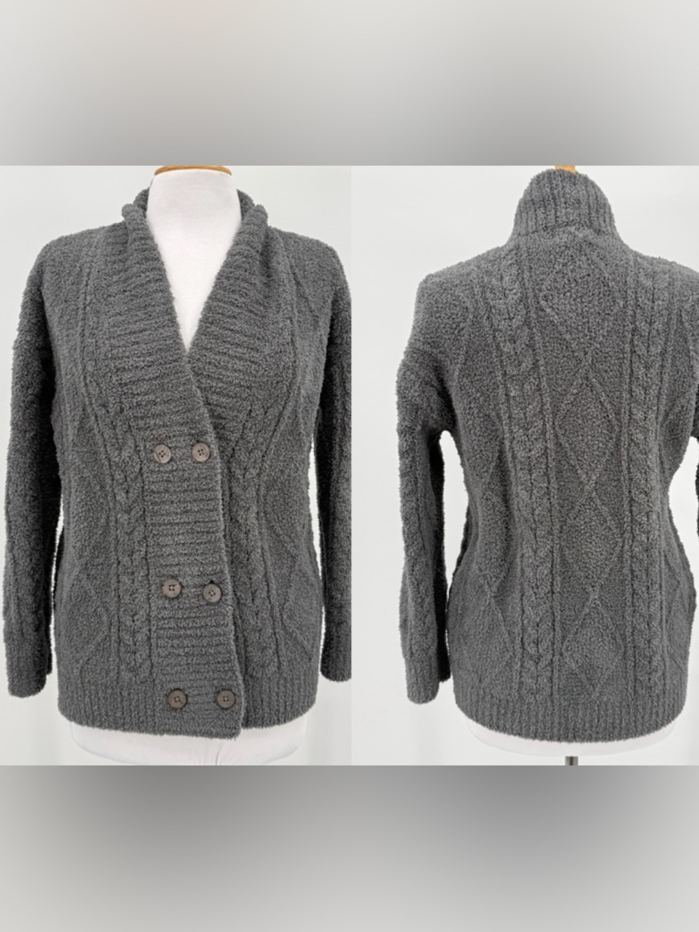 Barefoot Dreams CozyChic Cable Button Cardigan Coal Gray Cable Knit Size XS NEW
